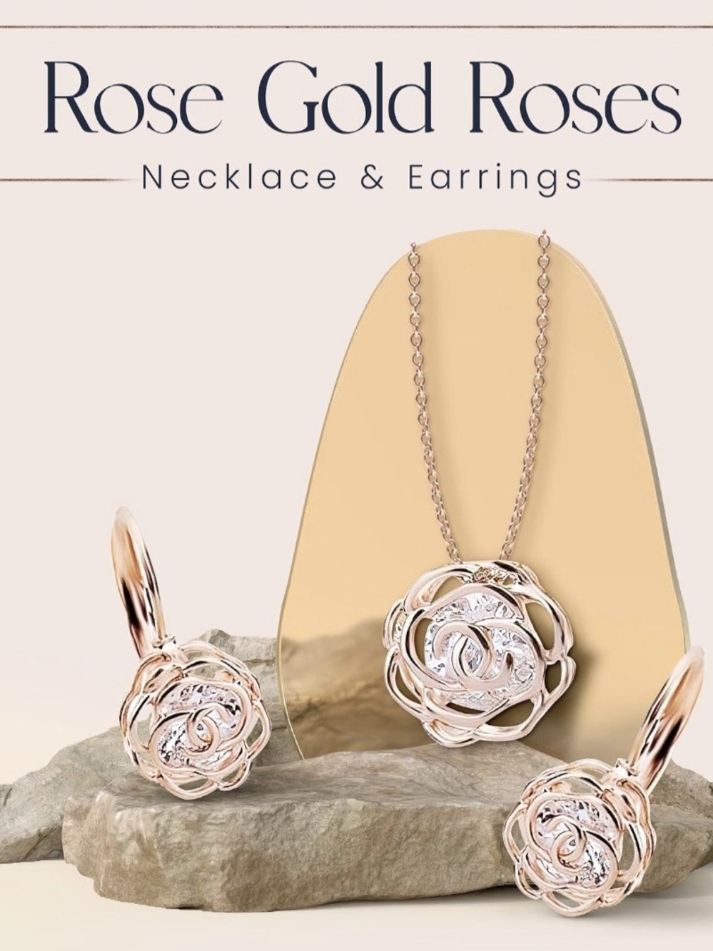 Rose Gold Floral Pendant Necklace and Earring Set - Elegant Rose Motif